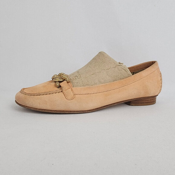 Stuart Weitzman Peach Suede Gold Chain Loafers Size 6.5 - Picture 1 of 13